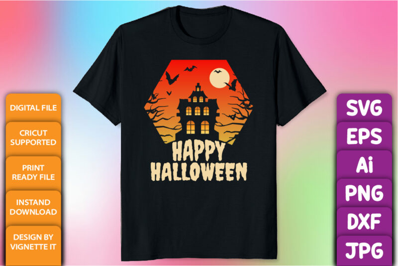 Happy Halloween Shier print template Scary house bat tree vector, sunshine sunset vector, Halloween