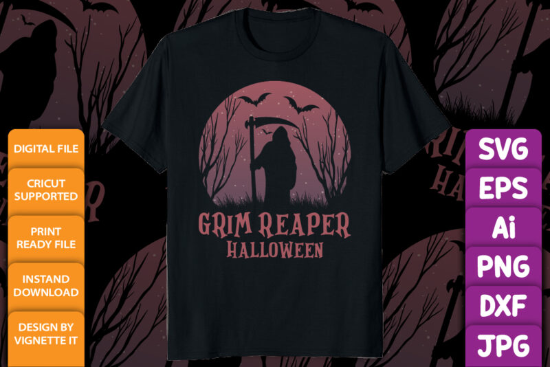 Grim reaper Halloween shirt print template, Bat tree scary night vector, Happy Halloween