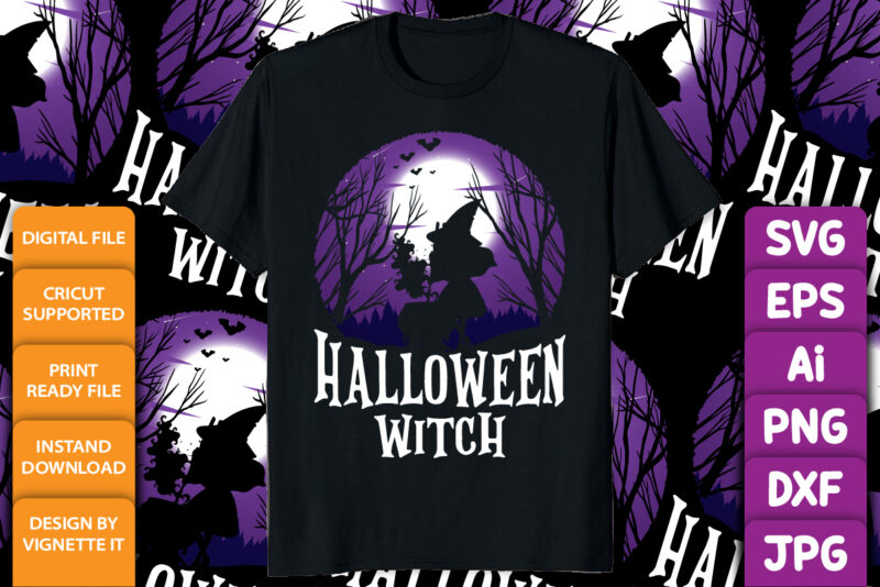 Halloween witch shirt print template, Scary dark night with moon vector trick or treat Halloween party witch vector, tree bats pot ghost vector