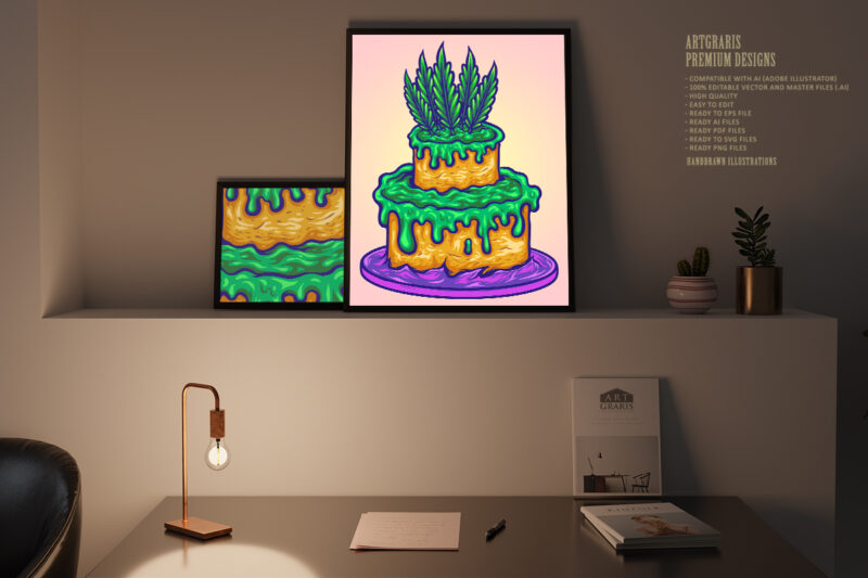 Delicious cannabis brithday cake colorful illustrations