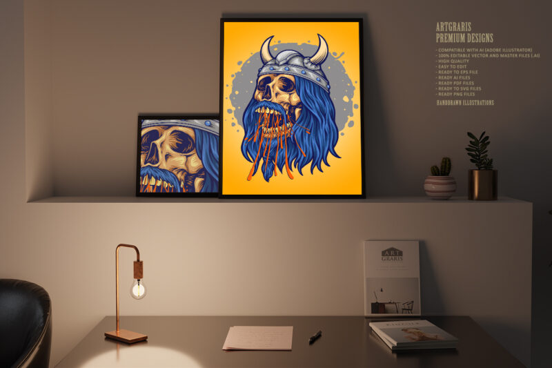 Viking skull head horned helmet illustrations