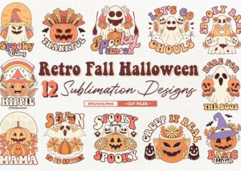 Retro Fall Halloween Sublimation, Cute Halloween Pumpkin, Cute Ghost Designs for Tshirt, Hallowen Ghost Tshirt Designs Bundle