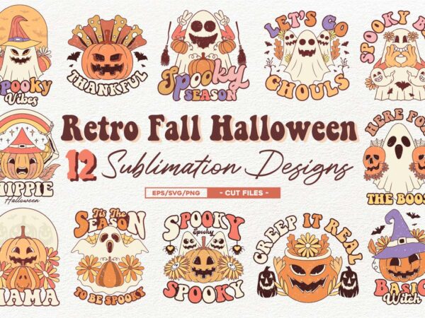 Retro fall halloween sublimation, cute halloween pumpkin, cute ghost designs for tshirt, hallowen ghost tshirt designs bundle