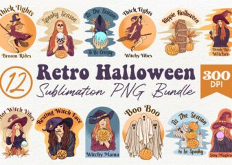 Retro Halloween Sublimation PNG, Spooky Halloween Witches, Halloween Girl Illustration PNG, Halloween tshirt designs