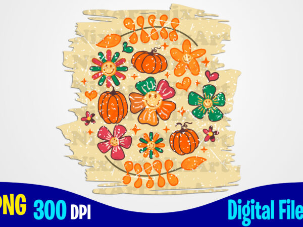 Distressed fall png with flowers and pumpkins, autumn sublimation design