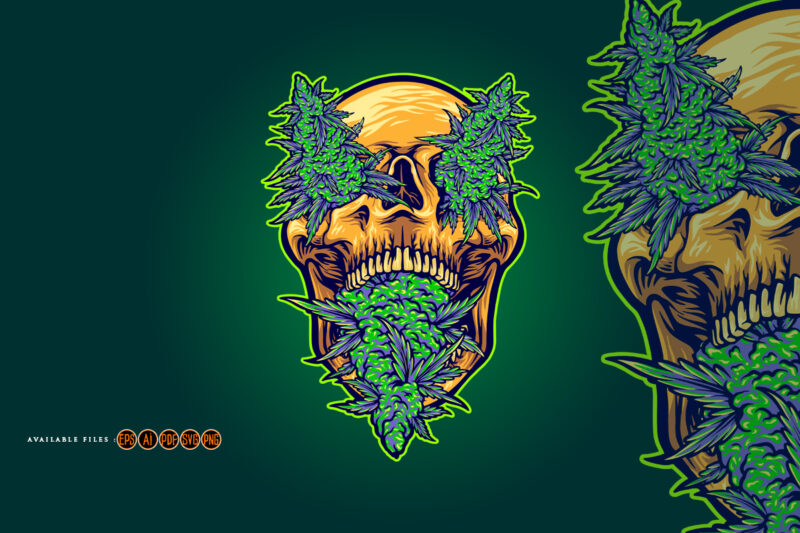 Scary skull head weed leaf illustrations