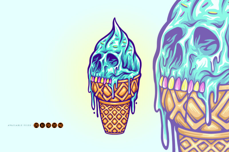 Scary skull ice cream cone illustrations