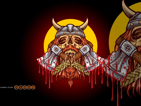 Scary viking skull axe with helmet illustrations t shirt template vector