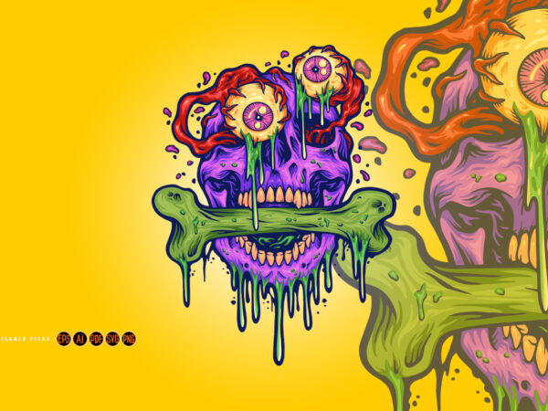 Scary zombie eyeball skull head illustrations t shirt template vector