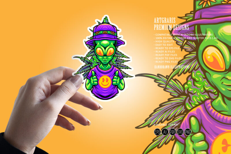 Funky alien smile emoticons with weed leaf illustrations