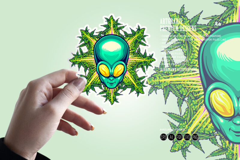 Alien head with cannabis leaf illustrations