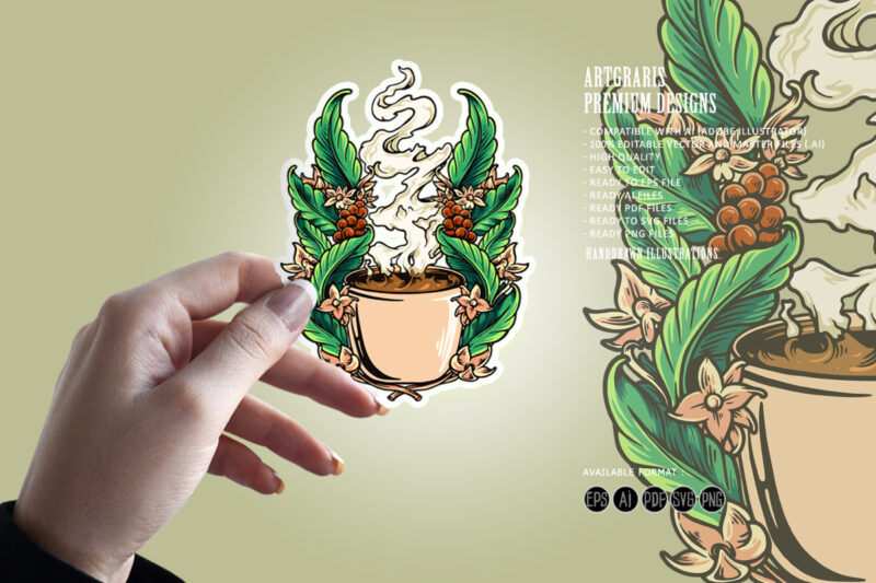 Coffee beans plant with cups illustrations