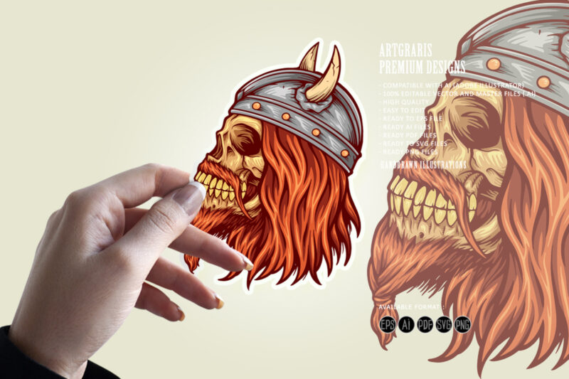Viking head skull with horn illustrations