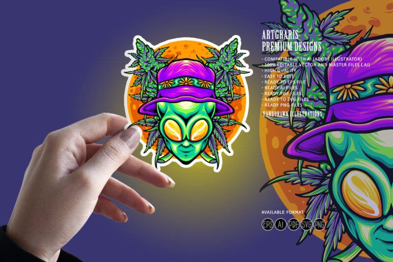 Funky Alien head with cannabis leaf illustrations