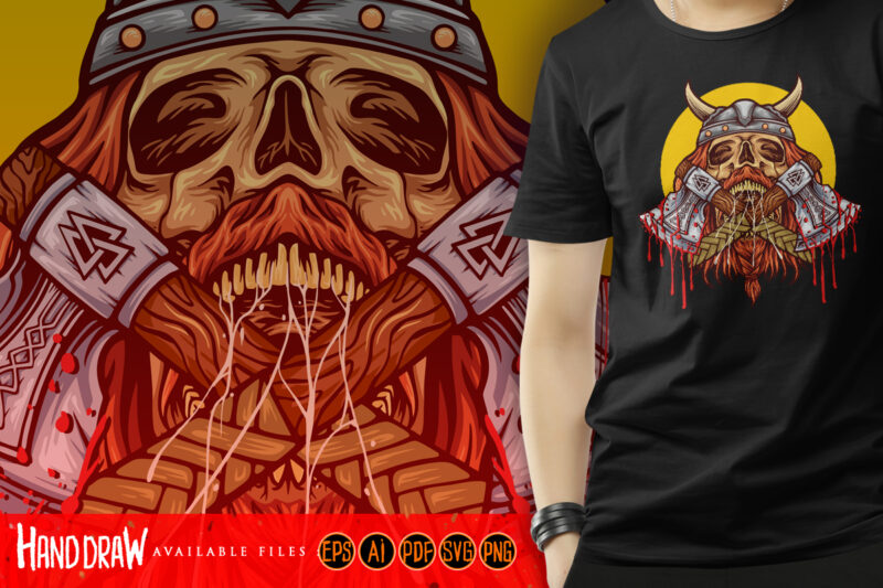 Scary viking skull axe with helmet illustrations