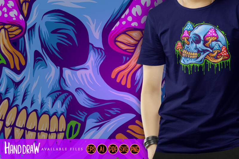 Ice skull head psychedelic mushrooms illustrations