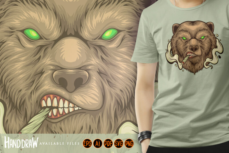 Angry bear head smoking weed illustrations