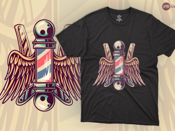 Wing babershop – retro illustration t shirt design for sale