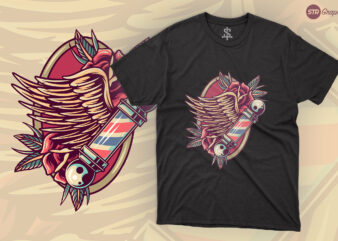 Wing Babershop And Rose – Retro Illustration t shirt design for sale