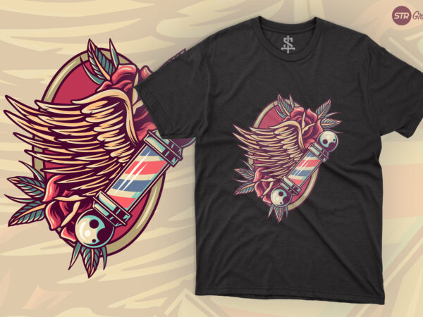Wing babershop and rose – retro illustration t shirt design for sale
