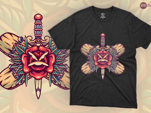 Sword rose and skateboard – retro illustration t shirt template vector