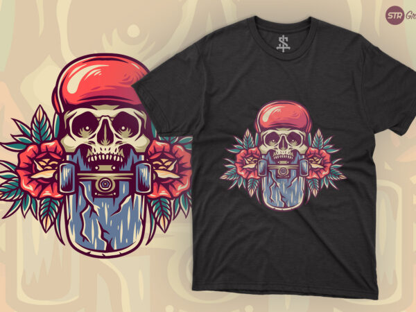Skull skateboard – retro illustration t shirt template vector