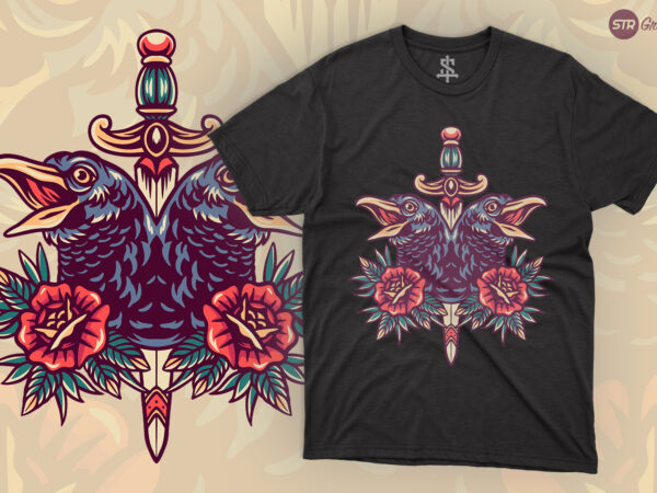 Twin raven – retro illustration t shirt designs for sale