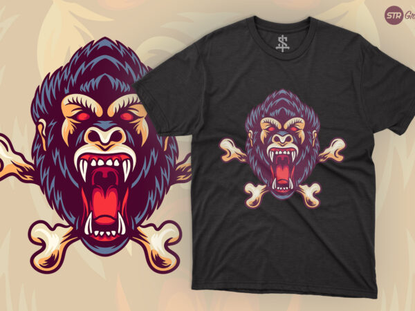 Gorilla and bones – retro illustration t shirt design template