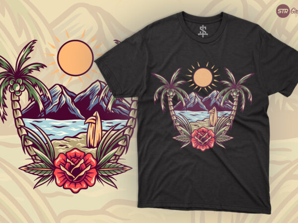 Summer beach – retro illustration t shirt template vector