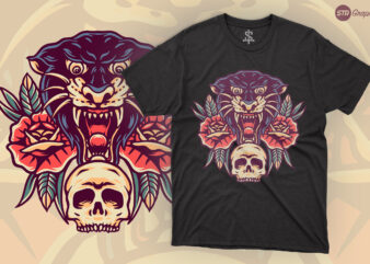 Skull And Black Panther – Retro Illustration t shirt template vector