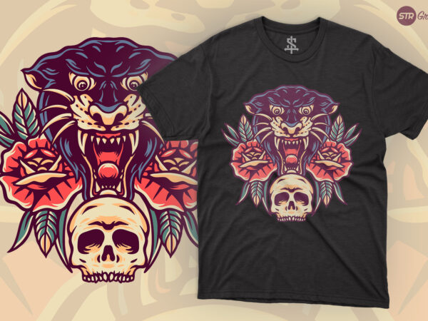 Skull and black panther – retro illustration t shirt template vector