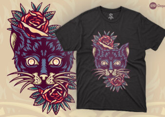 Cat And Roses – Retro Illustration t shirt vector file