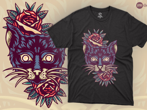Cat and roses – retro illustration t shirt vector file