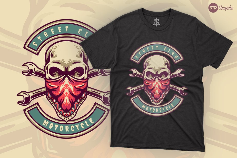 Skull Street Club Motorcycle - Retro Illustration - Buy t-shirt designs