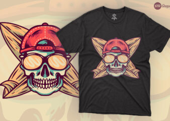 Summer Skull And Surfboard – Retro Illustration t shirt template vector