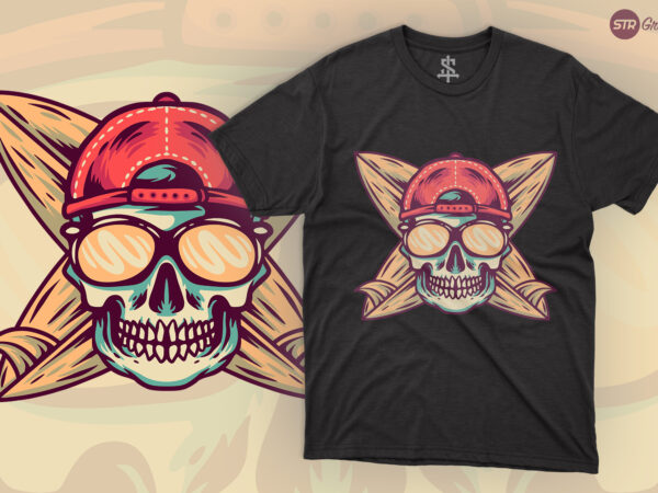 Summer skull and surfboard – retro illustration t shirt template vector