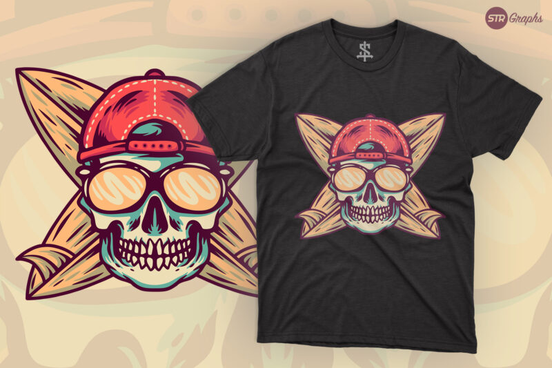 Summer Skull And Surfboard – Retro Illustration