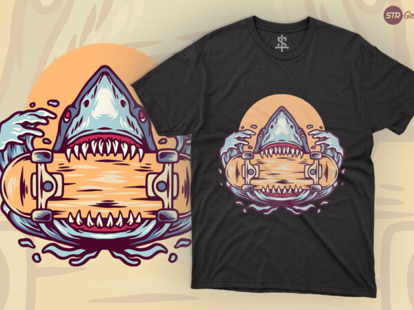 Shark and skateboard – retro illustration t shirt template vector