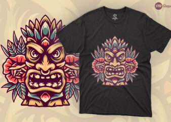 Tiki Statue And Roses – Retro Illustration t shirt designs for sale