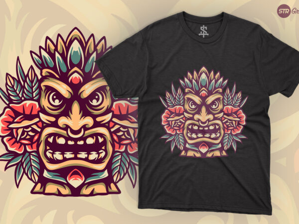 Tiki statue and roses – retro illustration t shirt designs for sale
