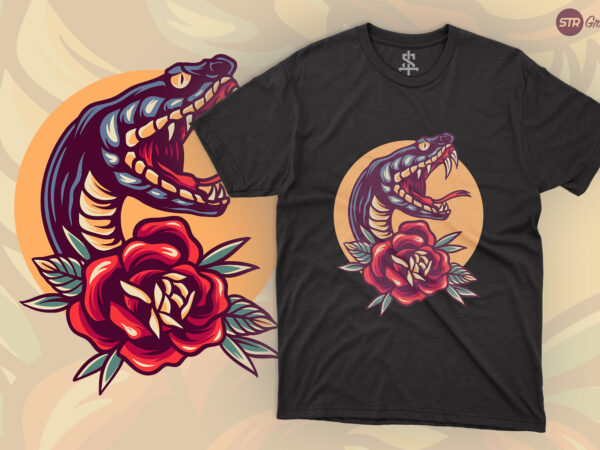 Snake and rose – retro illustration t shirt template vector