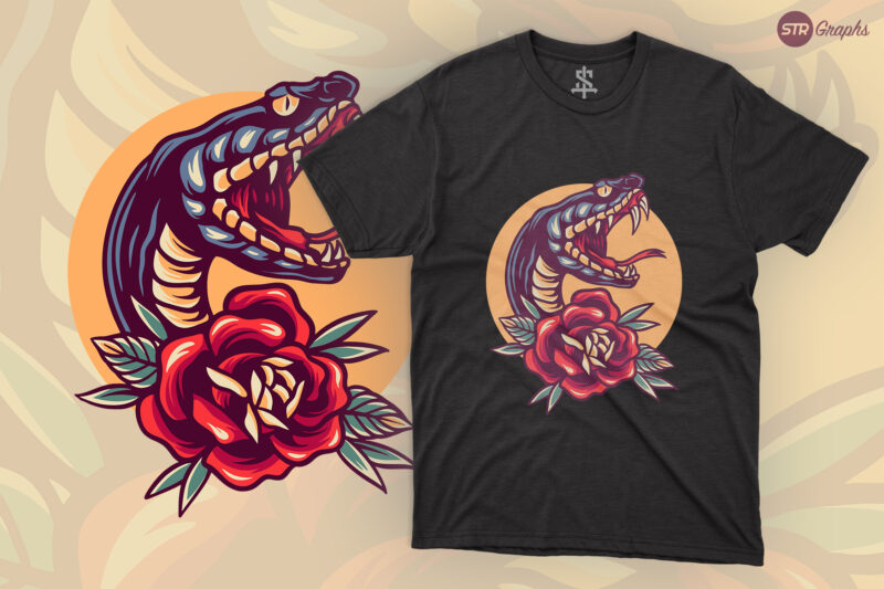 Snake And Rose – Retro Illustration