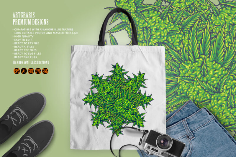 Weed leaf cannabis mandala illustrations