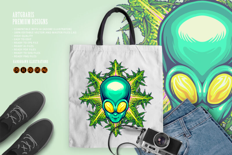 Alien head with cannabis leaf illustrations