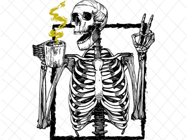 Skeleton drinking coffee peace halloween svg, skeleton halloween svg, skeleton coffee svg, funny skeleton halloween svg t shirt template vector