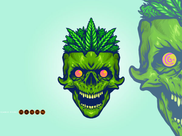 Weed leaf skull head monster illustrations t shirt design for sale