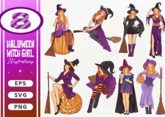 Halloween Witch Girl Illustrations, Witch Girl Clipart SVG, Halloween Witch T-shirt Designs Bundle