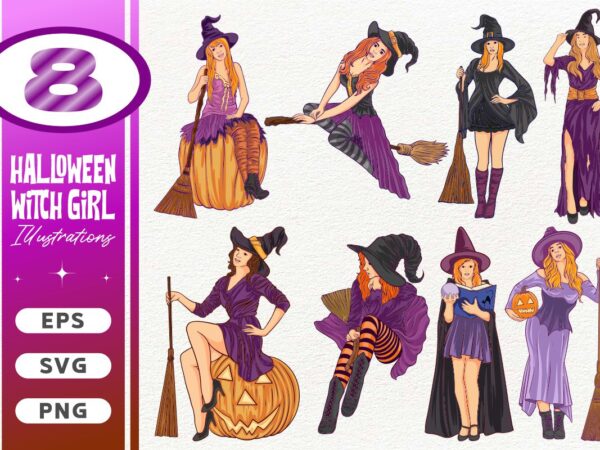 Halloween witch girl illustrations, witch girl clipart svg, halloween witch t-shirt designs bundle