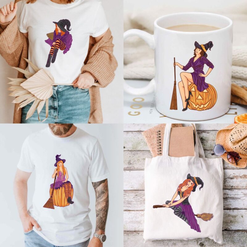 Halloween Witch Girl Illustrations, Witch Girl Clipart SVG, Halloween Witch T-shirt Designs Bundle