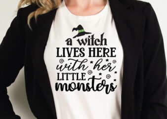 a witch lives here with her little monsters t shirt graphic design,Halloween t shirt vector graphic,Halloween t shirt design template,Halloween t shirt vector graphic,Halloween t shirt design for sale, Halloween